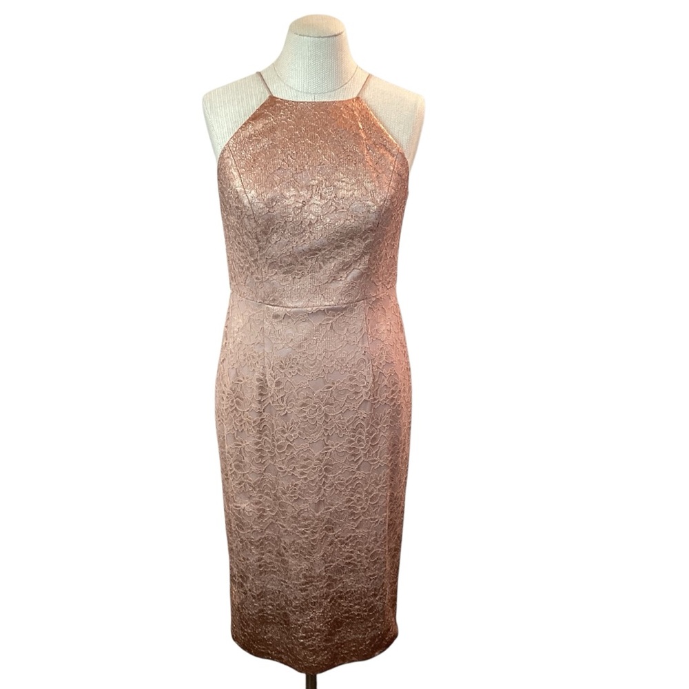 Adrianna Papell Evening Lace Halter Lined Dress Metallic Pink